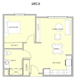 A floor plan of Unit A showing a bedroom, living area, kitchen, dining area, and bathroom.