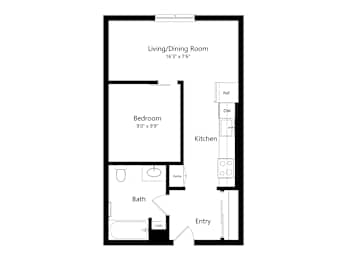 A floor plan of a small apartment with a living room, bedroom, kitchen, and bathroom.