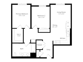 A floor plan of a home with a living room, two bedrooms, a bathroom, a dining area, and a kitchen.