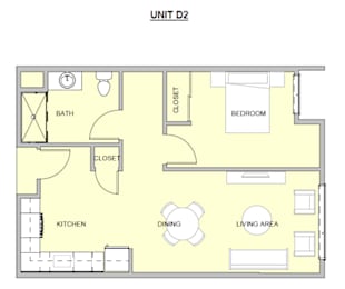 A floor plan of a unit with a kitchen, dining area, living area, bedroom and bathroom.
