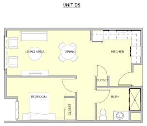 A floor plan of a unit with a living area, dining area, kitchen, bedroom, and bathroom.