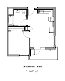 A floor plan of a one bedroom apartment with a bathroom.