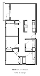 A floor plan of a 3 bedroom 2 bathroom apartment.