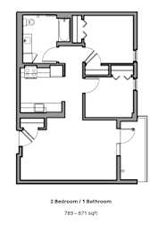 A floor plan of a 2 bedroom/1 bathroom apartment sized 789-871 sqft.