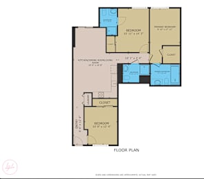 A floor plan of a house with two bedrooms, a kitchen/dining room, a laundry room, and a closet.