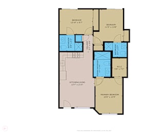 A floor plan of a house with two bedrooms, a bathroom, a kitchen/living room, and a primary bedroom.