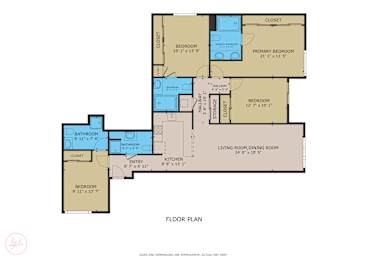 A floor plan of a house with a living room, dining room, kitchen, and several bedrooms.