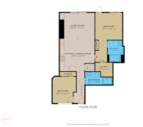 A floor plan of a house with a living room, two bedrooms, a kitchen, a dining room, a bathroom, and two closets.