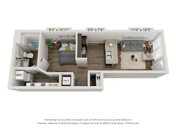 A 3D floor plan of a small apartment with a kitchen, living room, and bedroom.