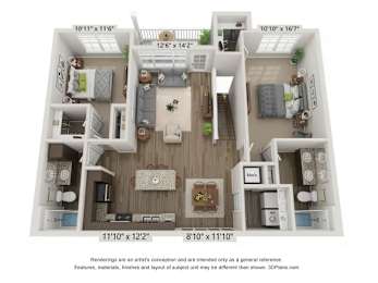 A 3D floor plan of a two-bedroom apartment with a living room, kitchen, and bathroom.