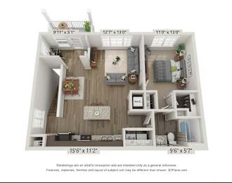 A 3D floor plan of a house with a kitchen, living room, and two bedrooms.