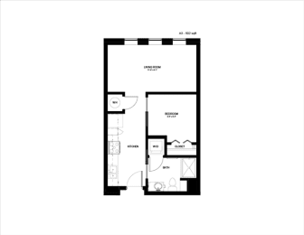 a floor plan of a unit with a bedroom and a living room