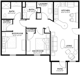 floor plan of the first floor of a house with bedrooms and baths and a kitchen