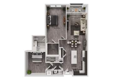 A floor plan of a small apartment with a living room, kitchen, and two bathrooms.