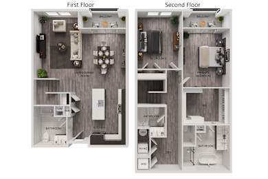 A diagram of a two-story apartment with labeled rooms.
