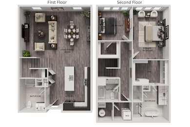 A floor plan of a two-story apartment with labeled rooms.