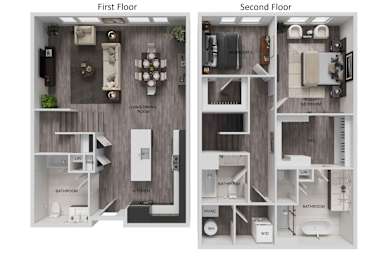 A diagram of a two-story apartment with labeled rooms.