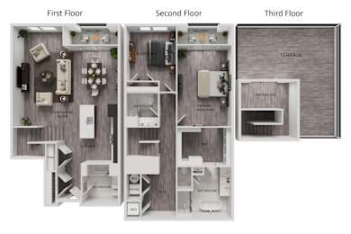 A diagram of a house showing the layout of the first, second, and third floors.