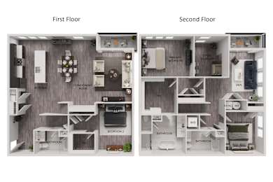 A diagram of a two-story apartment with labeled rooms.