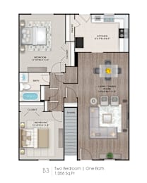 a floor plan of two bedrooms with a bathroom and a living room