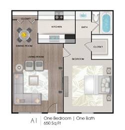 a floor plan of one bedroom with a bathroom and a living room