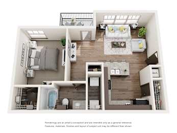 A modern apartment layout with a kitchen, living room, and bathroom.