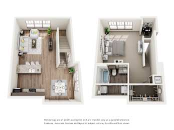 A floor plan of a two-bedroom apartment with a living room, kitchen, and bathroom.