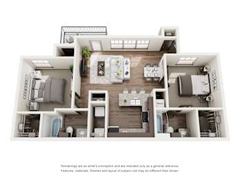 A floor plan of a house with a kitchen, living room, and two bedrooms.