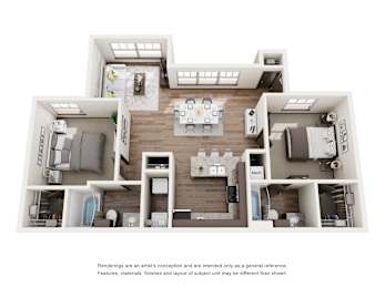 A 3D floor plan of a house with a kitchen, living room, and two bedrooms.