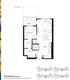 A floor plan for a unit at 115 patio is shown with a balcony, bedroom, living room, dining room, storage, kitchen, and bath.
