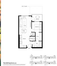 A floor plan for a unit at 113 patio shows a living room, dining room, kitchen, bedroom, storage, bathroom, and balcony.