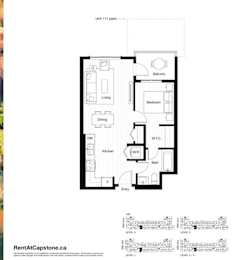 A floor plan for Unit 111 patio showing the layout of the bedroom, living room, dining room, kitchen, bathroom, and balcony.
