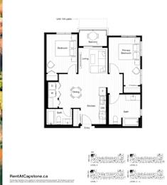 A black and white image of a floor plan for a unit at RentAtCapstone.ca.