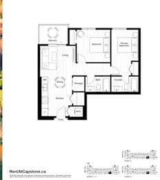 A black and white image of a floor plan for a two-level home with a balcony, two bedrooms, a living room, a dining room, a kitchen, a bathroom, and an entry way.