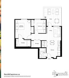 A black and white image of a floor plan for a two-bedroom apartment.