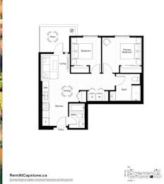 A black and white image of a floor plan for a two-bedroom apartment.