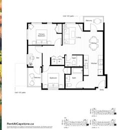 A black and white image of a floor plan for a two-bedroom apartment.