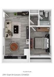 a stylized floor plan with a bedroom and a living room