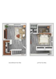 a floor plan of a bedroom and a living room with a desk