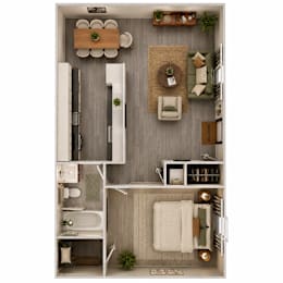 A top-down view of a small, neatly organized apartment with a kitchen, living room, and bathroom.