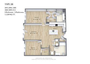 A Type 2B floor plan for a 2 bedroom, 2 bathroom apartment sized at 1,220 square feet.