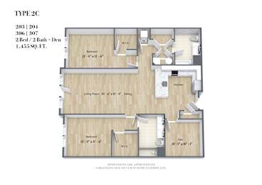 A diagram of a Type 2C floor plan with two bedrooms, two bathrooms, a living room, and a kitchen.