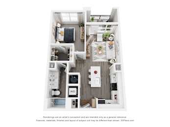 A 3D floor plan of a small apartment with a kitchen, living room, and bathroom.