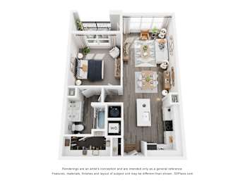 A floor plan of a small apartment with a kitchen, living room, and bathroom.