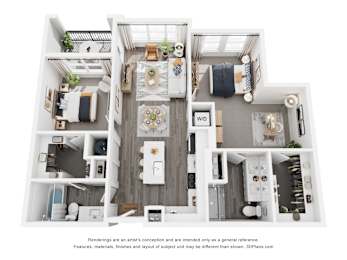 A 3D floor plan of a house with a kitchen, living room, and bathroom.