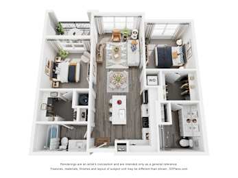 A 3D floor plan of a small apartment with a kitchen, living room, and two bedrooms.