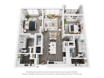 A 3D floor plan of a house with a kitchen, living room, dining room, and two bedrooms.
