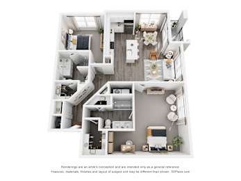 A 3D floor plan of a house with a kitchen, living room, and two bedrooms.