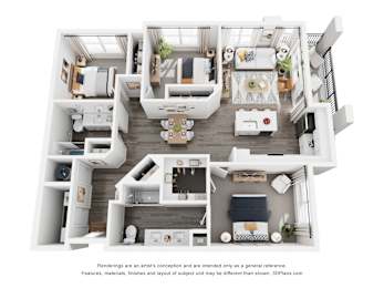 A 3D floor plan of a house with a kitchen, living room, and bathroom.