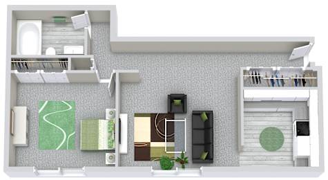 A white and green apartment layout with a kitchen, living room, and bathroom.